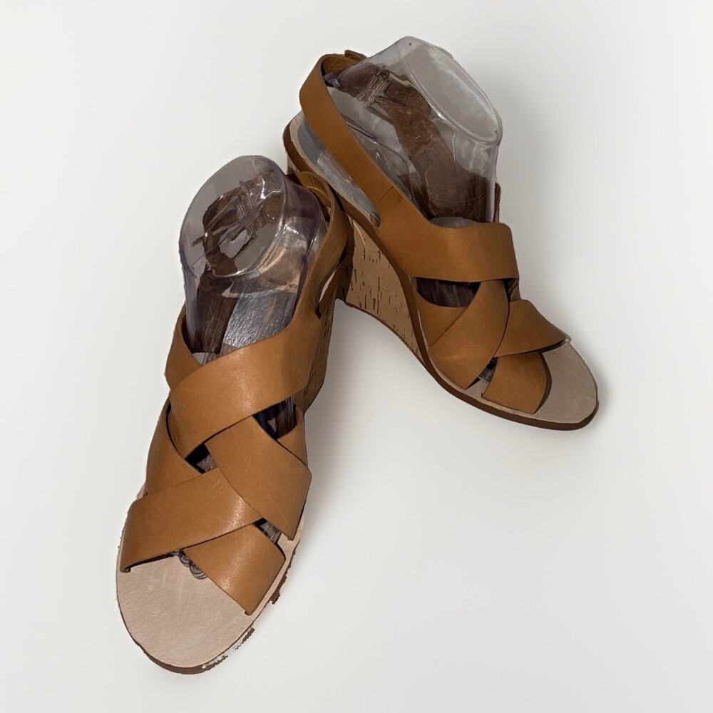 Dolce Vita Tan Leather Cork Wedge Sandals Women’s Size 10 Cross Strap